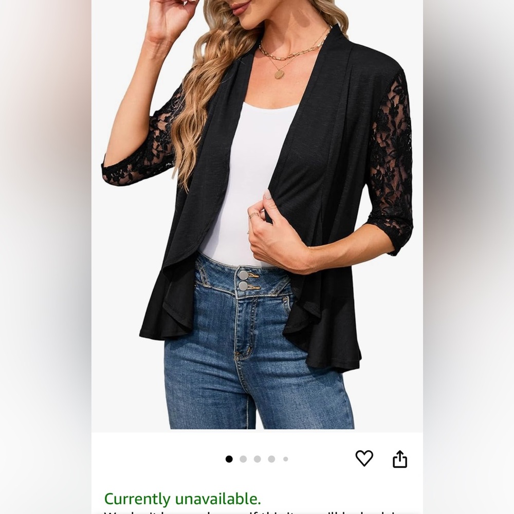 Clear flower 3/4 Lace Sleeve Open Cardigan Black 2XL